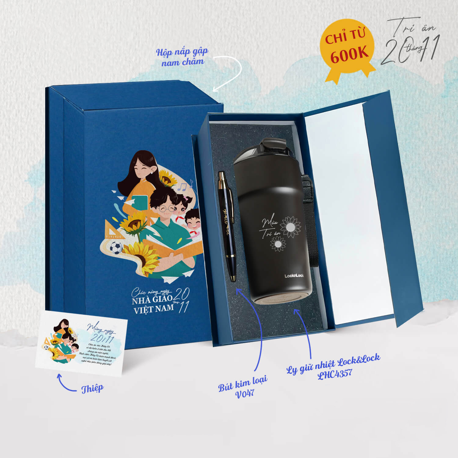 Set Quà Tặng 20/11 Ly Giữ Nhiệt, Bút Cao Cấp, Hộp Đựng SQT222